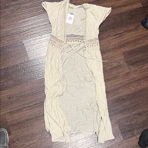 Boho khaki Embroidered Tie-Waist coverup